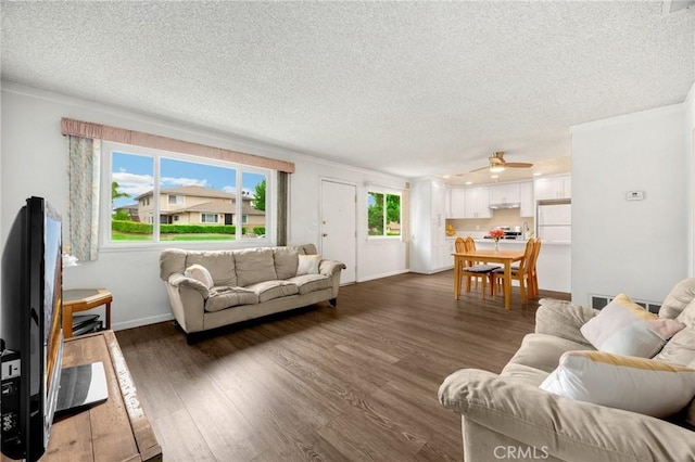 18241 Via Calma Unit 1, Rowland Heights, CA 91748 - living room featuring a textured ceiling, wood finished floors, ceiling fan, and ornamental molding