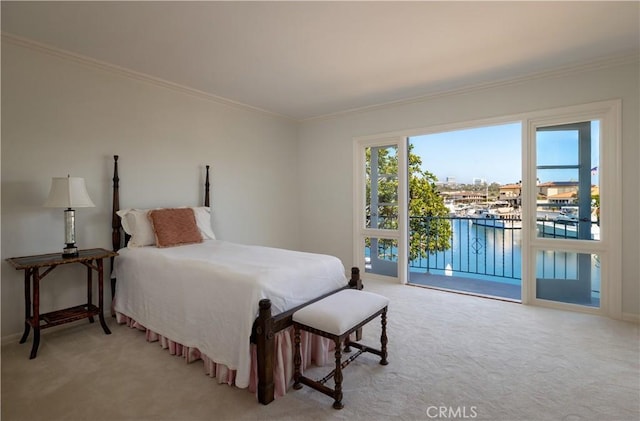 1100 Polaris Dr, Newport Beach, CA 92660 - bedroom featuring light colored carpet, access to exterior, a water view, and crown molding