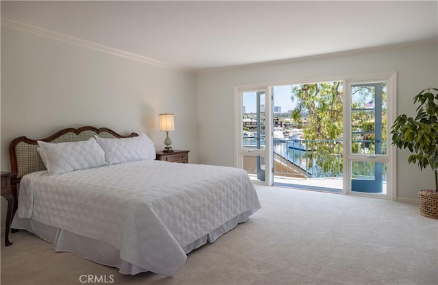 1100 Polaris Dr, Newport Beach, CA 92660 - bedroom with access to exterior, carpet flooring, a water view, and ornamental molding