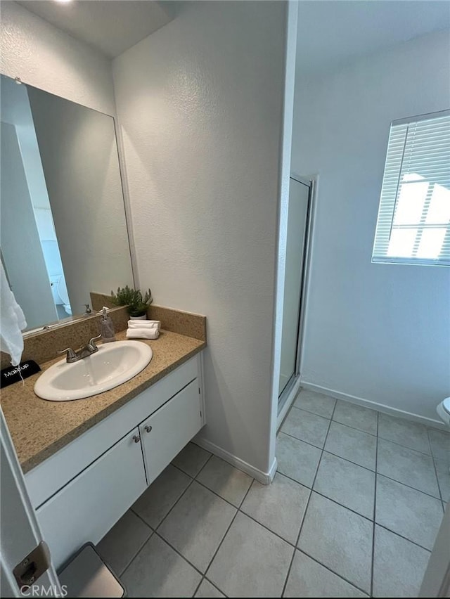12390 San Dimas St, Victorville, CA 92392 - full bath with vanity, toilet, tile patterned flooring, a stall shower, and baseboards