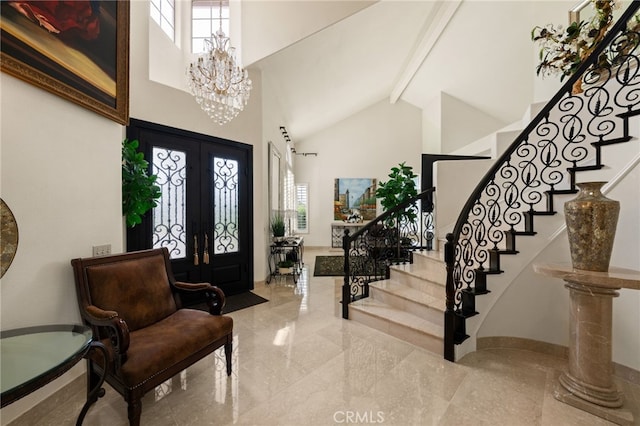 950 Chantel Dr, Corona, CA 92879 - foyer entrance featuring high vaulted ceiling, stairs, healthy amount of natural light, beamed ceiling, and a chandelier