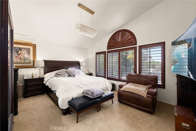 950 Chantel Dr, Corona, CA 92879 - bedroom featuring light colored carpet, a chandelier, and high vaulted ceiling