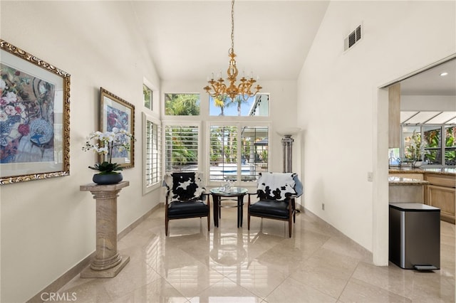 950 Chantel Dr, Corona, CA 92879 - dining area featuring a chandelier, high vaulted ceiling, and light tile patterned floors