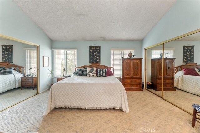 46 Lincoln Ct, Buena Park, CA 90620 - bedroom with a textured ceiling, light carpet, lofted ceiling, multiple windows, and a closet