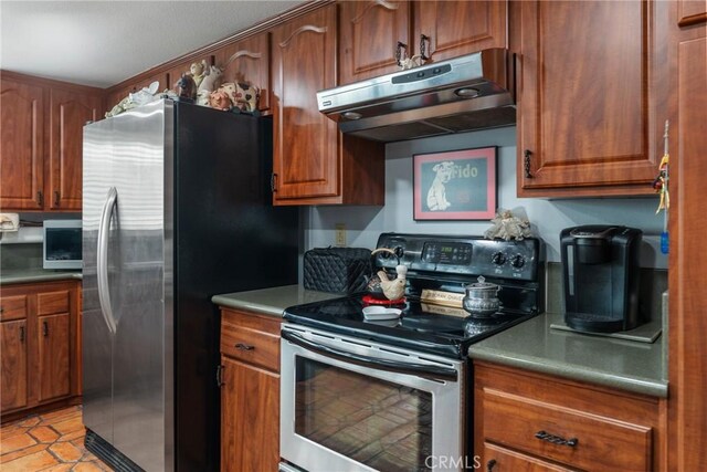 46 Lincoln Ct, Buena Park, CA 90620 - kitchen with stainless steel appliances, under cabinet range hood, brown cabinets, and light tile patterned floors