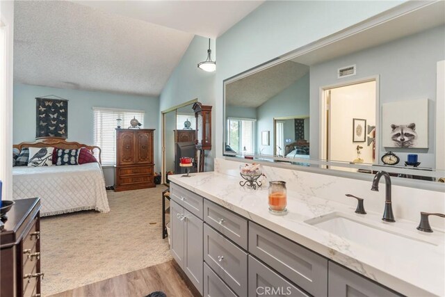 46 Lincoln Ct, Buena Park, CA 90620 - ensuite bathroom with vaulted ceiling, plenty of natural light, vanity, and wood finished floors