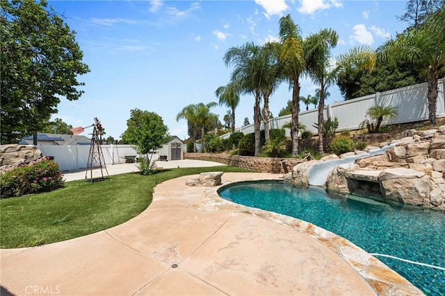 30369 Colina Verde St, Temecula, CA 92592 - view of swimming pool with a patio area and a water slide