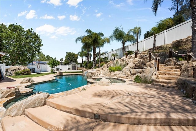 30369 Colina Verde St, Temecula, CA 92592 - view of pool with a fenced backyard, a patio area, and an in-ground hot tub