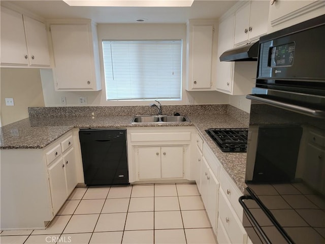 733 Piccadilly, Hemet, CA 92544 - kitchen featuring black appliances, a sink, white cabinets, under cabinet range hood, and light tile patterned floors