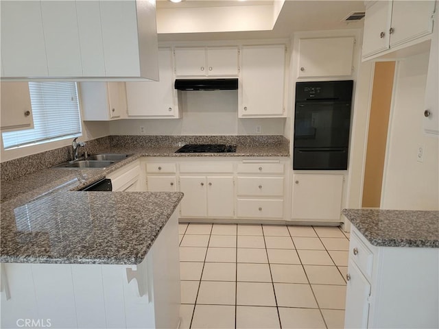733 Piccadilly, Hemet, CA 92544 - kitchen featuring a warming drawer, black appliances, under cabinet range hood, white cabinets, and a sink