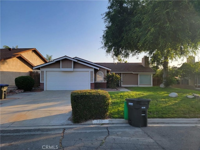 733 Piccadilly, Hemet, CA 92544 - ranch-style home with an attached garage, driveway, brick siding, and a chimney