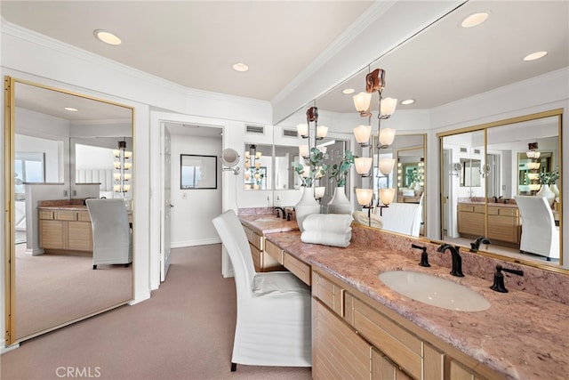 408 Pasadena Ct Unit L, San Clemente, CA 92672 - bathroom with crown molding, vanity, a chandelier, and recessed lighting