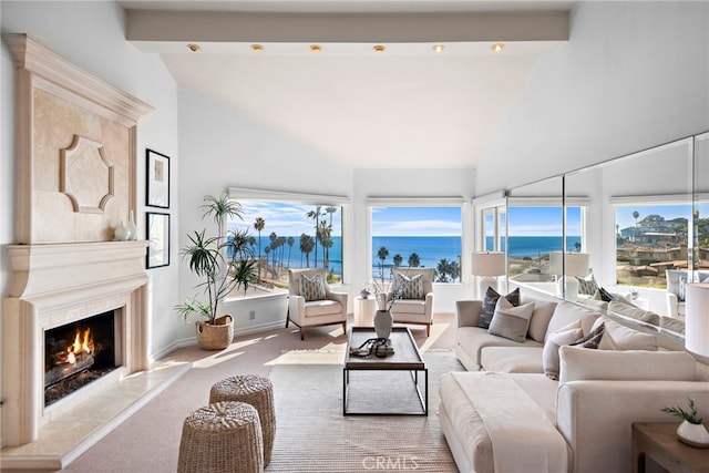 408 Pasadena Ct Unit L, San Clemente, CA 92672 - living room with carpet floors, high vaulted ceiling, a water view, a high end fireplace, and baseboards