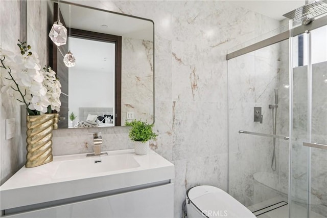 2227 N Lamer St, Burbank, CA 91504 - bathroom with tile walls, a stall shower, and vanity