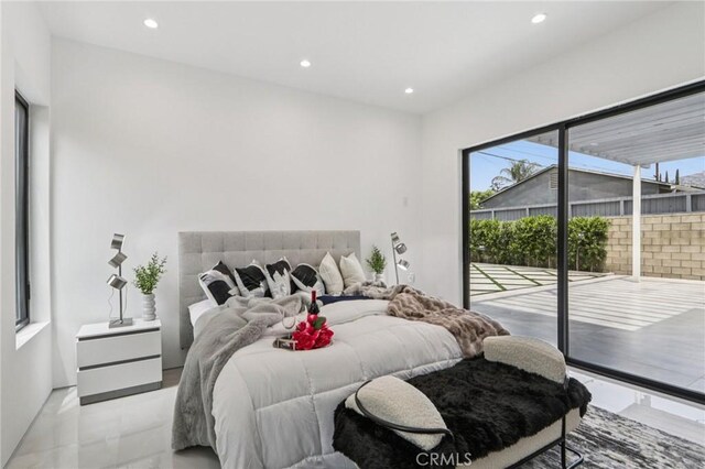 2227 N Lamer St, Burbank, CA 91504 - bedroom featuring access to outside, recessed lighting, and light marble finish flooring