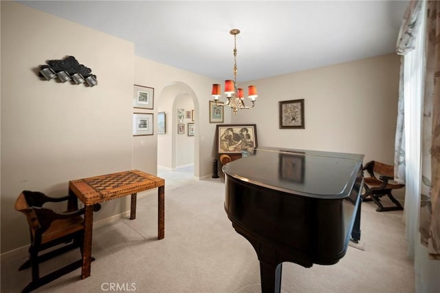3262 Bluebird Cir, Simi Valley, CA 93063 - recreation room with arched walkways, a chandelier, and light carpet