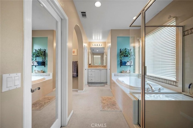 3262 Bluebird Cir, Simi Valley, CA 93063 - bathroom with vanity, a bath, and a shower with shower door