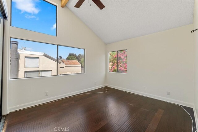 13115 Le Parc Unit 40, Chino Hills, CA 91709 - unfurnished room featuring a ceiling fan, baseboards, high vaulted ceiling, wood finished floors, and beamed ceiling