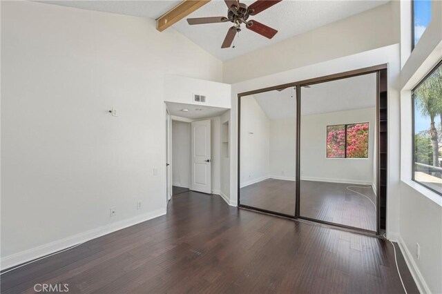 13115 Le Parc Unit 40, Chino Hills, CA 91709 - unfurnished bedroom featuring beamed ceiling, wood finished floors, baseboards, high vaulted ceiling, and a closet