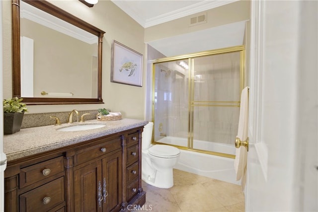 3313 Cabo Ct, Carlsbad, CA 92009 - bathroom with toilet, vanity, enclosed tub / shower combo, ornamental molding, and tile patterned flooring