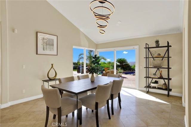 3313 Cabo Ct, Carlsbad, CA 92009 - dining space with lofted ceiling, ornamental molding, a chandelier, baseboards, and light tile patterned floors