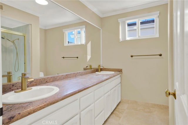 3313 Cabo Ct, Carlsbad, CA 92009 - bathroom with double vanity, a stall shower, crown molding, toilet, and baseboards