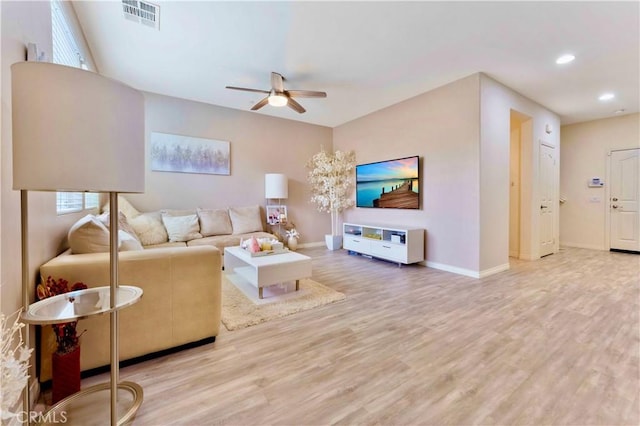 6045 Lyon St, Chino, CA 91710 - living area featuring ceiling fan, wood finished floors, recessed lighting, and baseboards