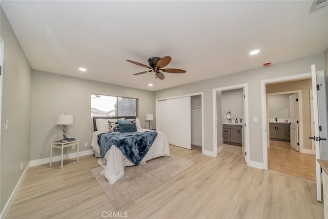 6367 Willow Ave, Rialto, CA 92377 - bedroom featuring light wood finished floors, a closet, ensuite bathroom, recessed lighting, and ceiling fan