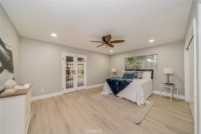 6367 Willow Ave, Rialto, CA 92377 - bedroom featuring french doors, multiple windows, light wood-style floors, recessed lighting, and a ceiling fan