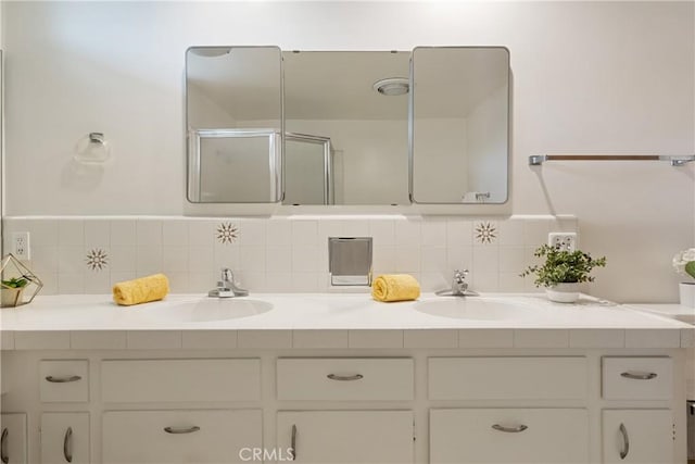 920 Wildrose, Brea, CA 92821 - full bath featuring double vanity, backsplash, and a shower stall