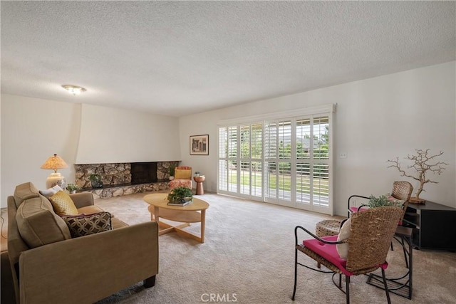 920 Wildrose, Brea, CA 92821 - carpeted living room with a textured ceiling and a fireplace