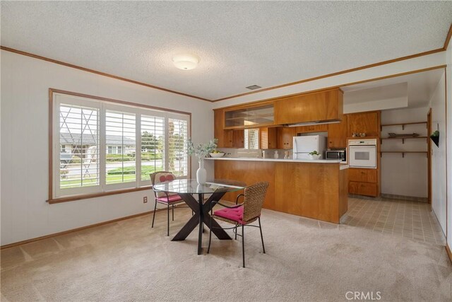 920 Wildrose, Brea, CA 92821 - dining area with crown molding, a textured ceiling, and light colored carpet