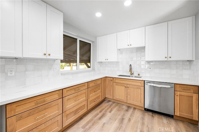 12119 Los Coyotes Ave, La Mirada, CA 90638 - kitchen with dishwasher, backsplash, light stone counters, recessed lighting, and light wood-type flooring