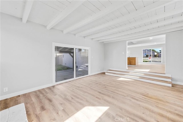 12119 Los Coyotes Ave, La Mirada, CA 90638 - unfurnished living room with light wood finished floors and a wooden ceiling with exposed beams