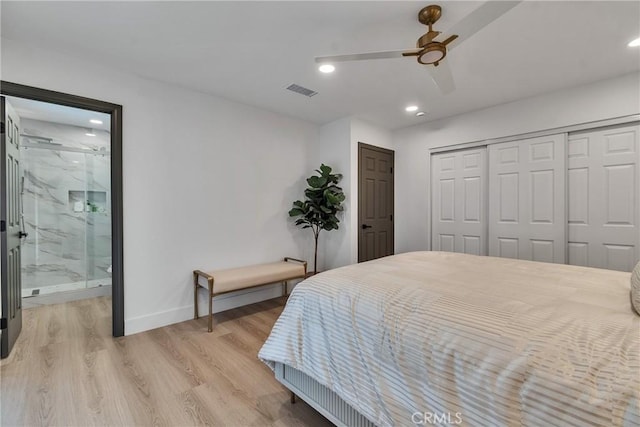 16409 Barbee St, Fontana, CA 92336 - bedroom featuring recessed lighting, a closet, light wood-style floors, ceiling fan, and connected bathroom