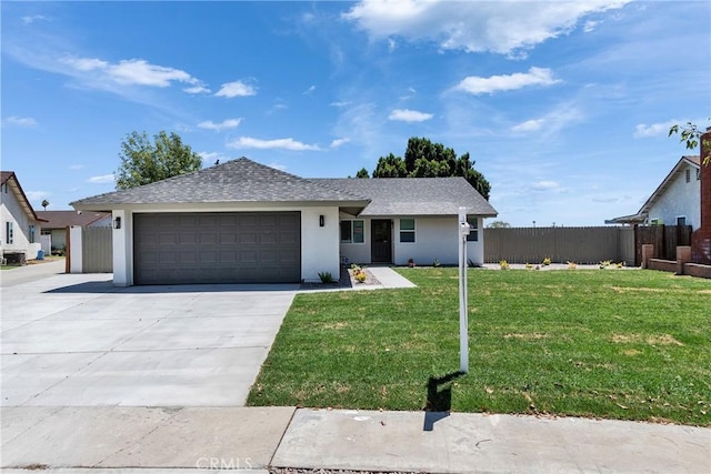 16409 Barbee St, Fontana, CA 92336 - ranch-style house featuring an attached garage, concrete driveway, roof with shingles, and stucco siding