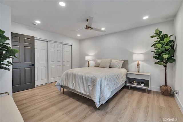 16409 Barbee St, Fontana, CA 92336 - bedroom with wood finished floors, a closet, recessed lighting, and a ceiling fan