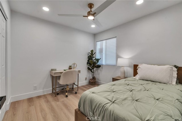 16409 Barbee St, Fontana, CA 92336 - bedroom with recessed lighting, light wood-style floors, a closet, ceiling fan, and an office area