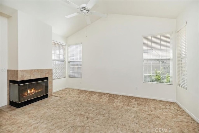 797 Camino De Plata, San Jacinto, CA 92583 - unfurnished living room featuring carpet, a fireplace, ceiling fan, and high vaulted ceiling