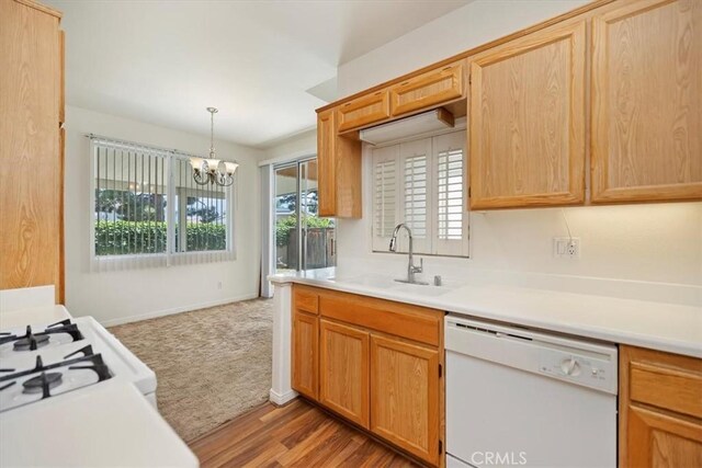 797 Camino De Plata, San Jacinto, CA 92583 - kitchen featuring white dishwasher, a chandelier, light countertops, and hanging light fixtures