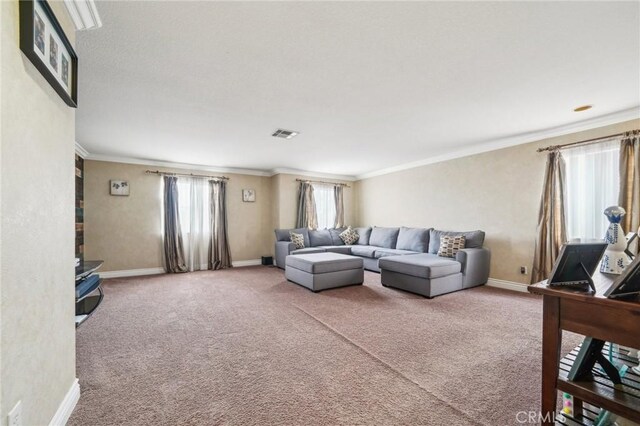 1109 Leopard Ln, Perris, CA 92571 - living room with carpet, baseboards, and ornamental molding
