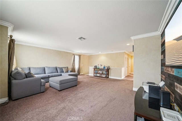 1109 Leopard Ln, Perris, CA 92571 - living area with carpet flooring, ornamental molding, a fireplace, recessed lighting, and baseboards
