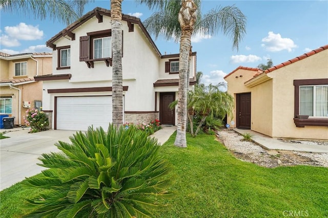 1109 Leopard Ln, Perris, CA 92571 - view of front of house featuring stucco siding, a garage, driveway, and a tiled roof