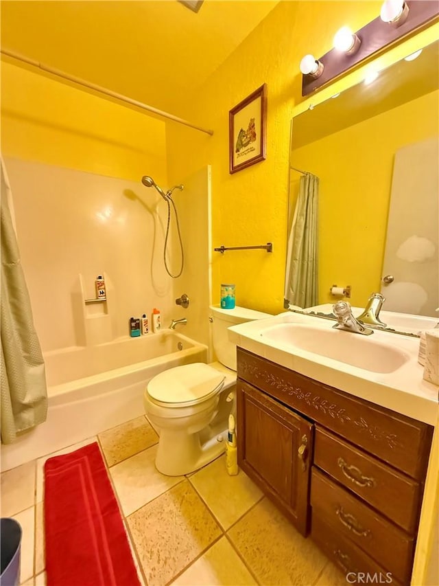 24859 Rock Springs Trl, Moreno Valley, CA 92557 - full bathroom with toilet, shower / bathtub combination with curtain, vanity, and tile patterned floors