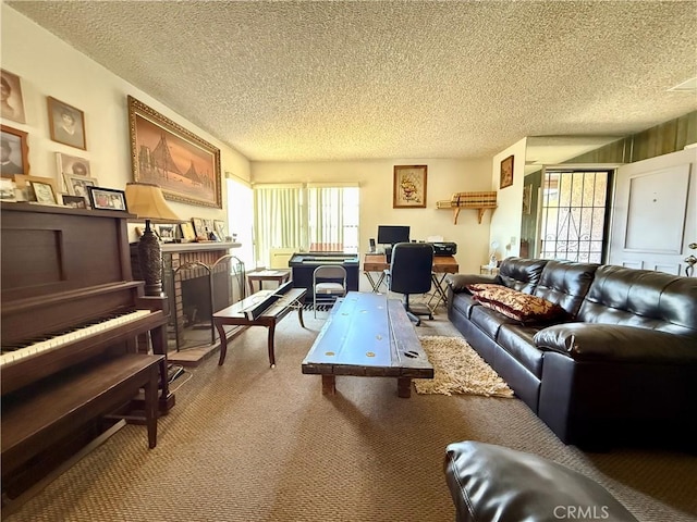 24859 Rock Springs Trl, Moreno Valley, CA 92557 - living room featuring carpet flooring, a textured ceiling, a desk, and a brick fireplace