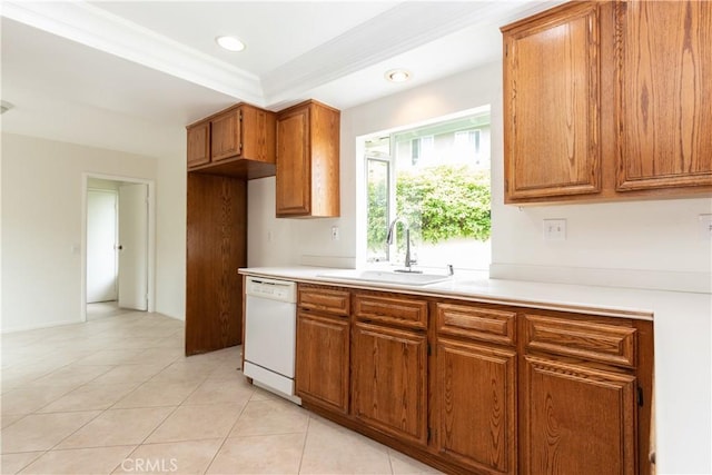 24912 Delos Ave, Mission Viejo, CA 92691 - kitchen with white dishwasher, a sink, brown cabinetry, light countertops, and light tile patterned floors
