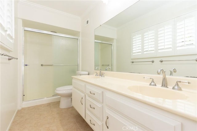 24912 Delos Ave, Mission Viejo, CA 92691 - bathroom with crown molding, toilet, a shower stall, double vanity, and tile patterned flooring