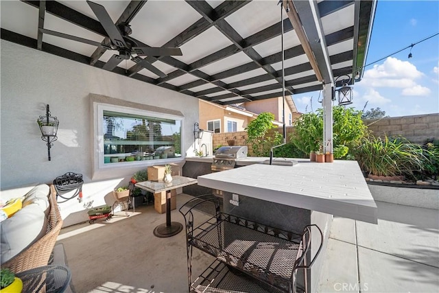 938 Amherst St, Corona, CA 92880 - view of patio with an outdoor kitchen, ceiling fan, and a pergola