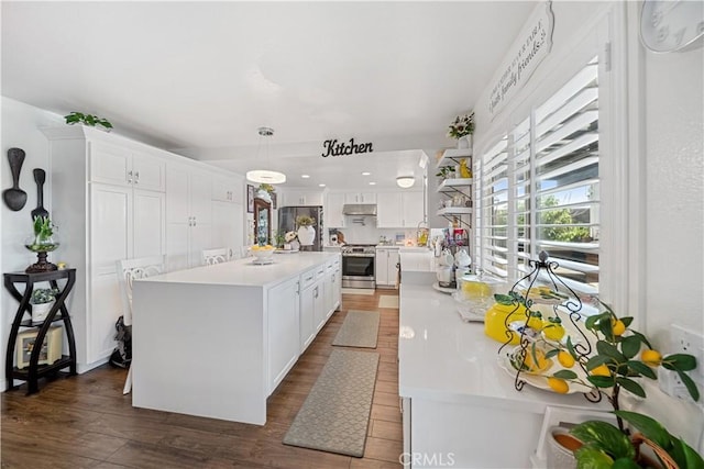 938 Amherst St, Corona, CA 92880 - kitchen featuring stainless steel appliances, white cabinets, light countertops, and dark wood-style flooring