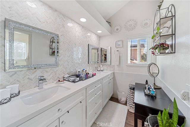 938 Amherst St, Corona, CA 92880 - full bathroom with double vanity, tile walls, and recessed lighting